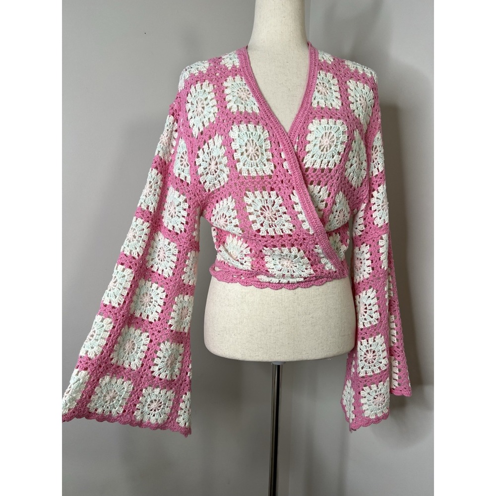 Francescas Lilly Crochet Cardigan Pink Granny Square Tie Front Bell Sleeve Boho